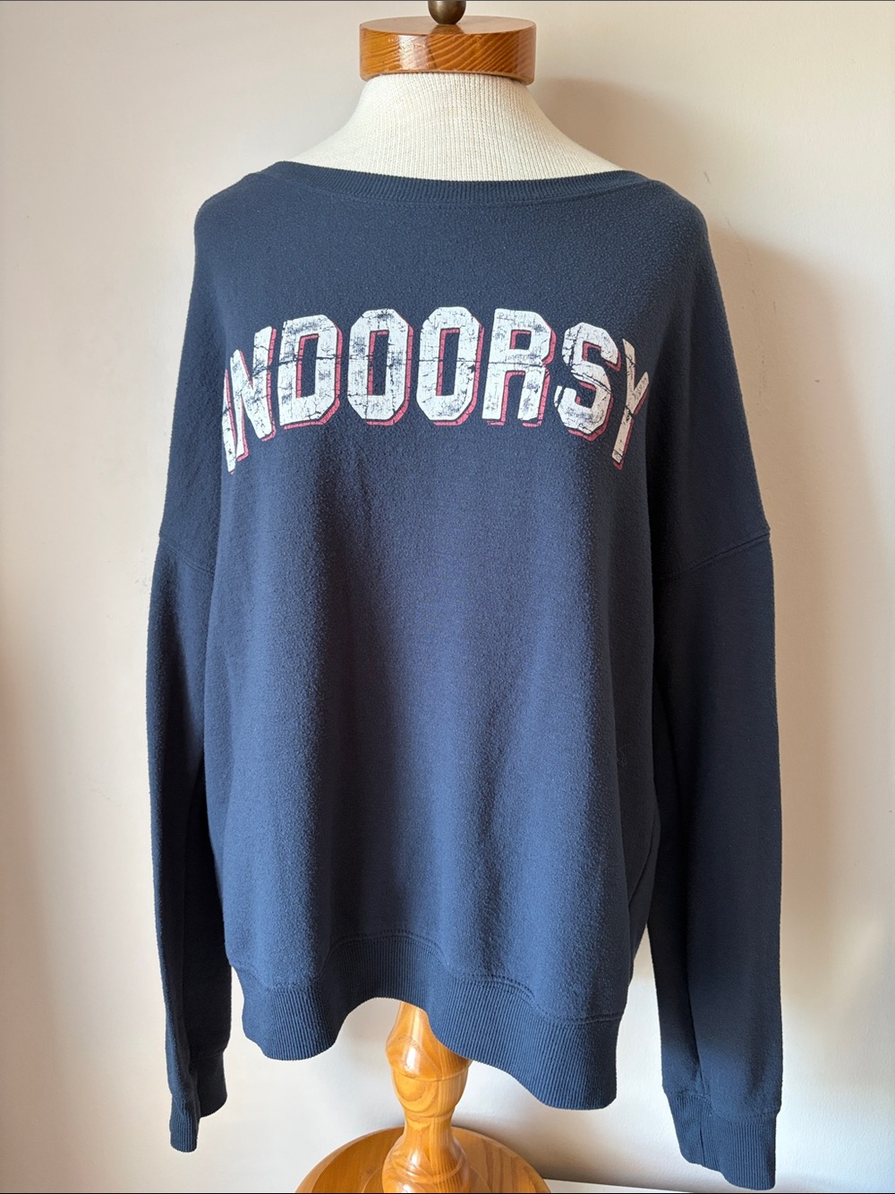 Zoe + Liv Navy Crewneck Sweatshirt with White and Red 'NDOORSY' Graphic